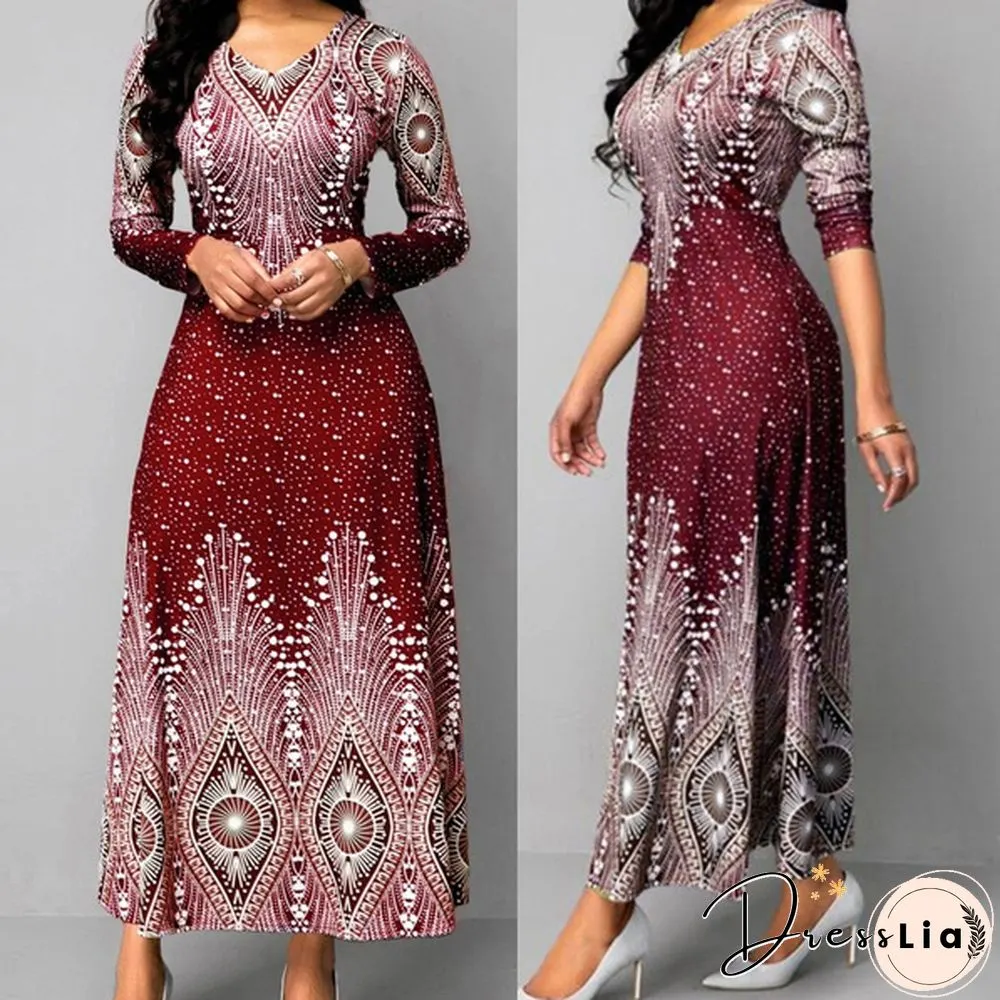 V-neck Retro Print Long-sleeved Dress Spring and Autumn Women's Clothing