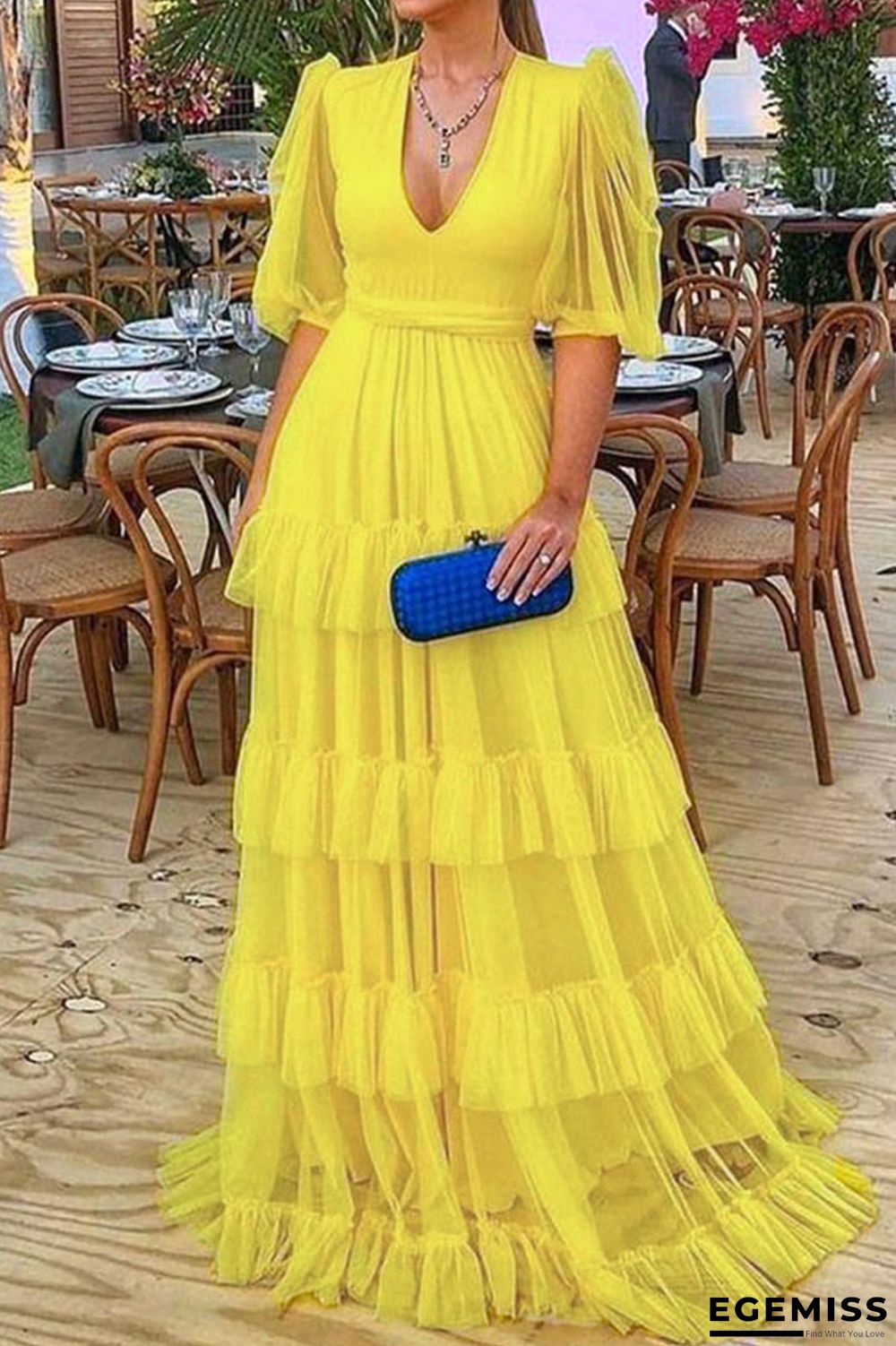 Yellow Elegant Solid Patchwork V Neck Evening Dress Dresses | EGEMISS