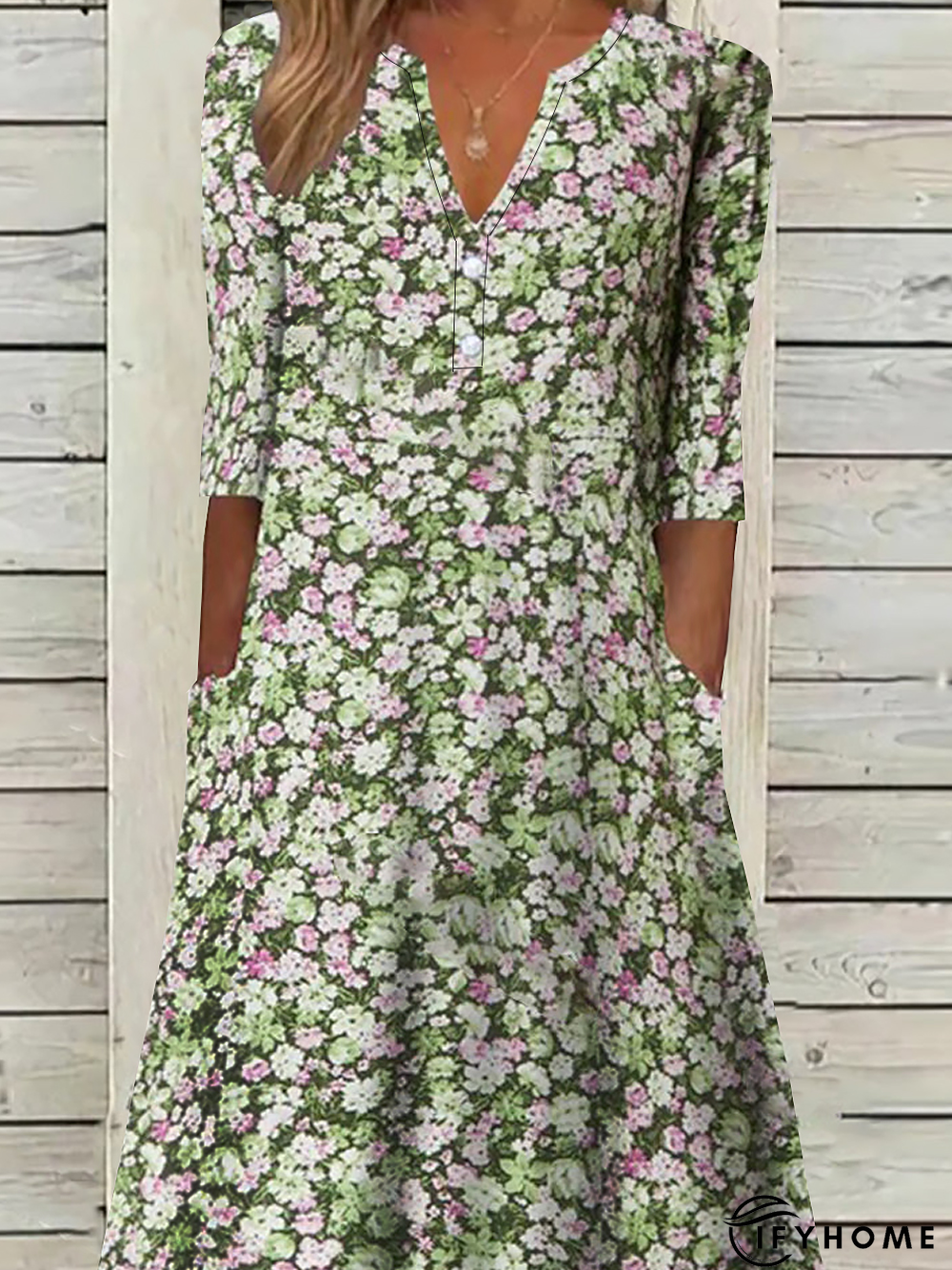 Floral Loosen V Neck Short Sleeve Woven Dress | IFYHOME