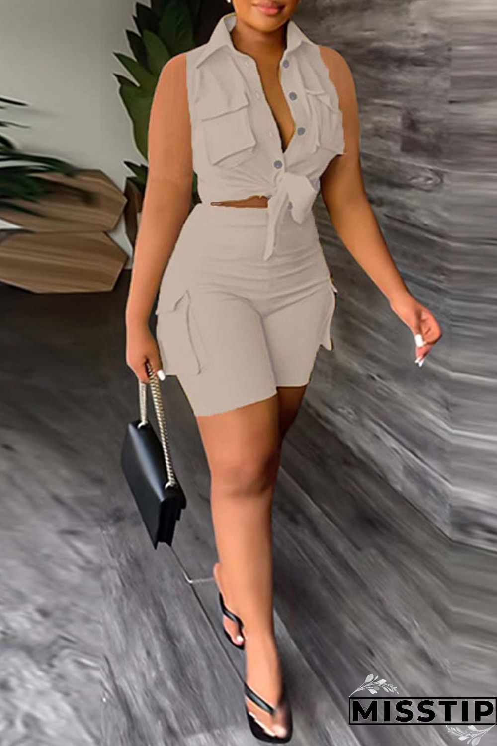 Khaki Casual Solid Patchwork Turndown Collar Sleeveless Two Pieces