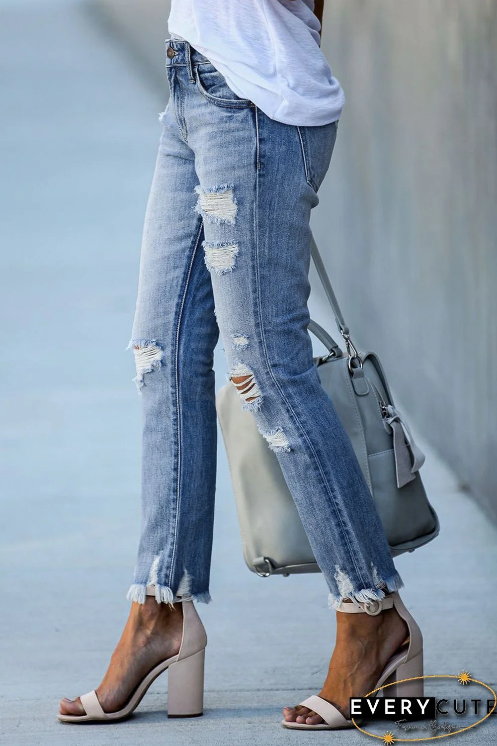 Light Blue Distressed Boyfriend Denim Pants