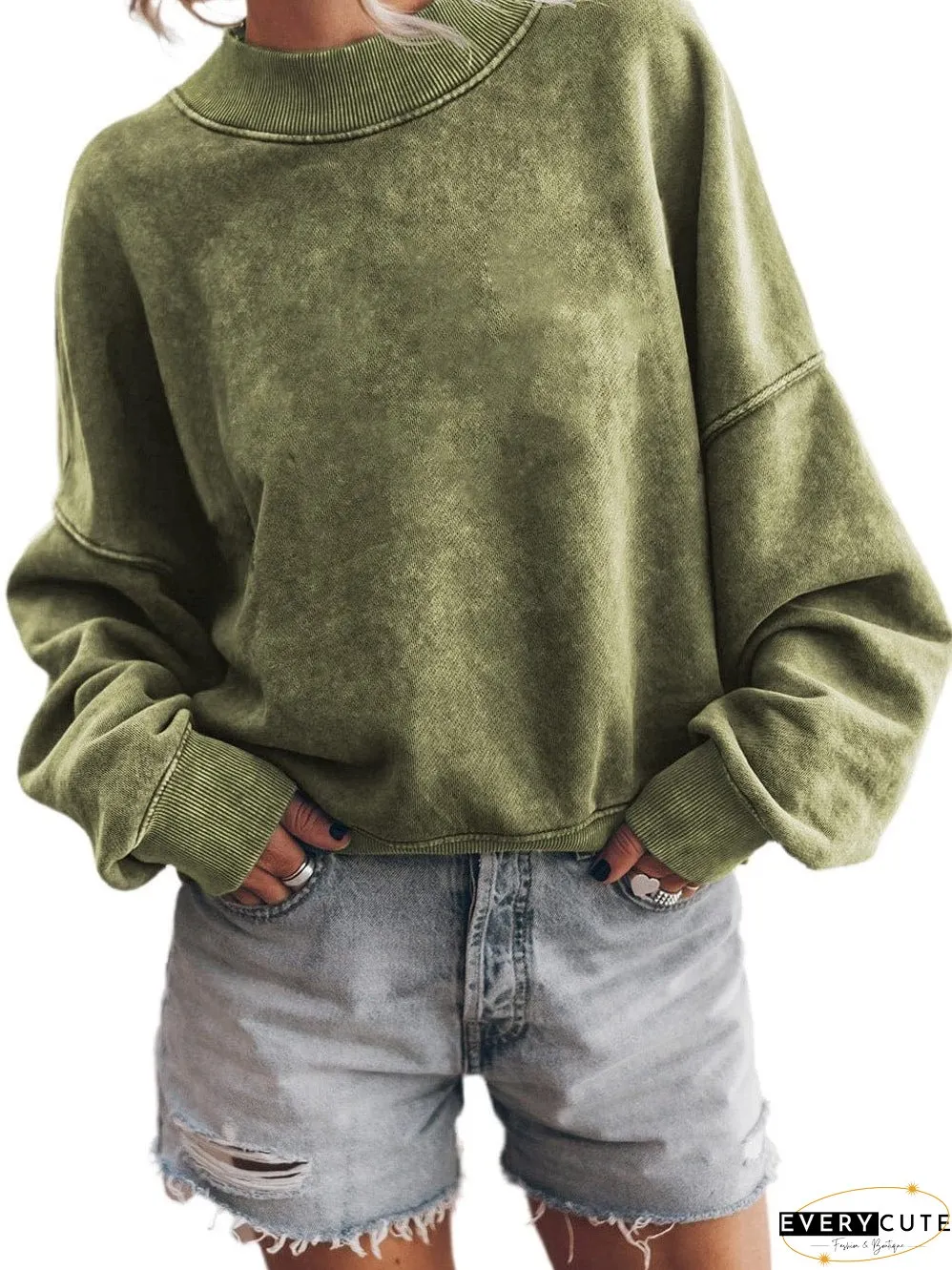 Green Vintage Drop Shoulder Round Neck Pullover Sweatshirt