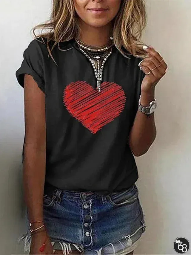 Women's T shirt Tee Black White Blue Graphic Heart Print Short Sleeve Casual Daily Basic Vintage Round Neck Regular S | 168DEAL