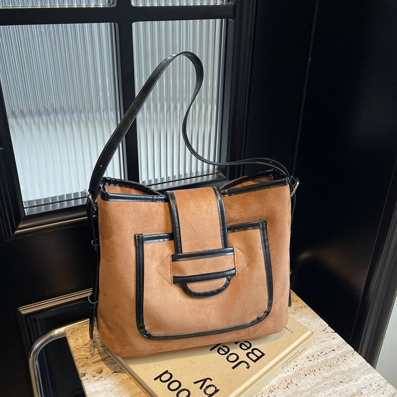 Women’s Medium Pu Leather Color Block Classic Style Bucket Zipper Tote Bag