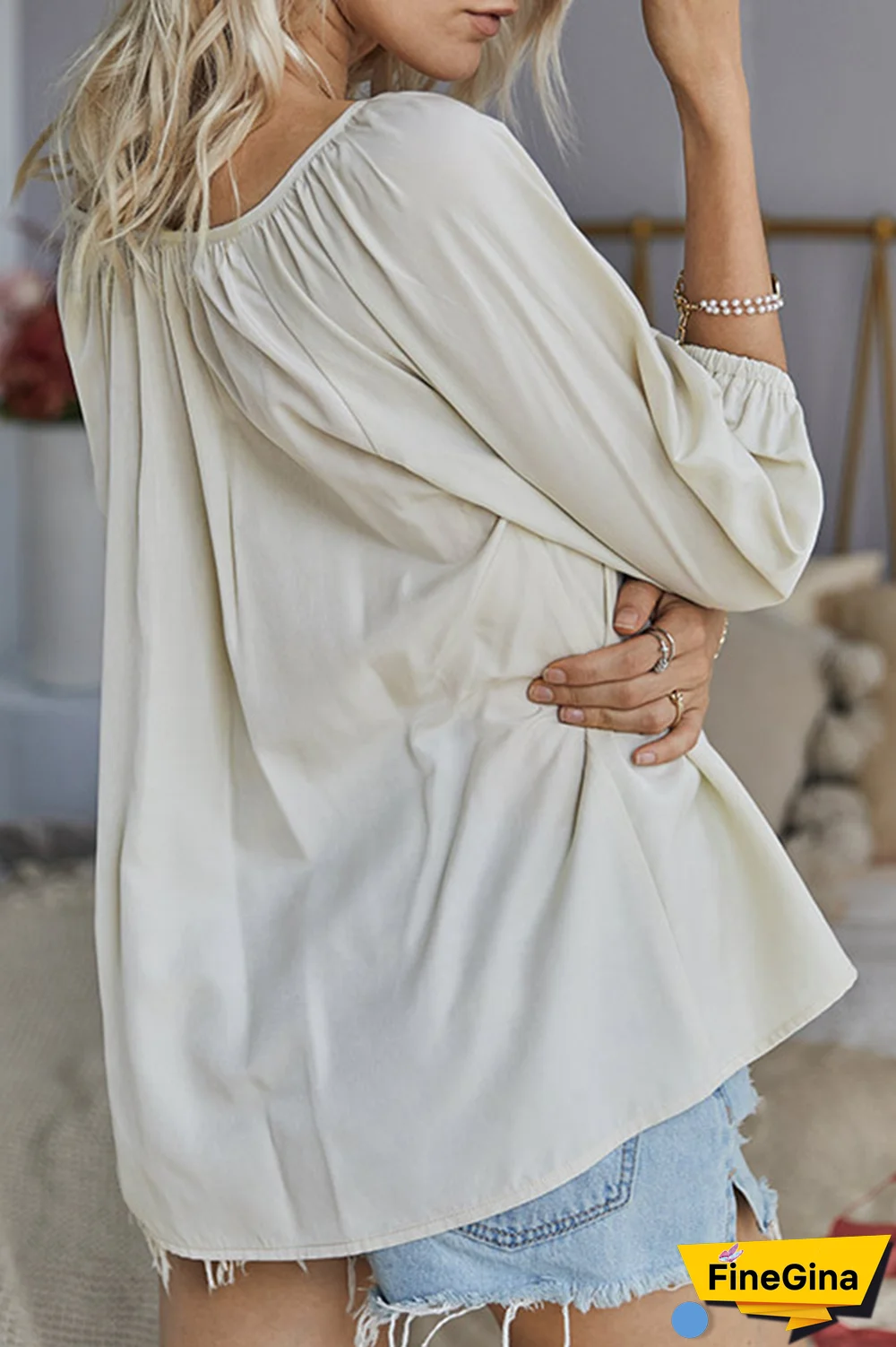 Elegant Solid Buckle V Neck Tops