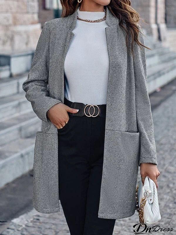 Long Sleeves Loose Pockets Solid Color Stand Collar Outerwear