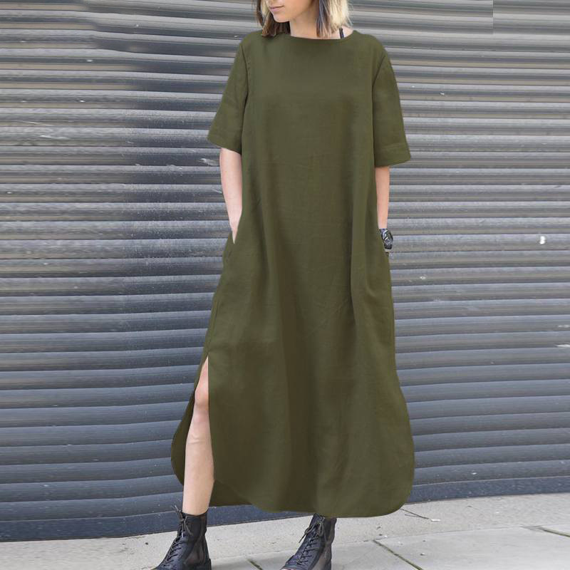 Mature Women Cotton Linen Solid Color Round Neck Small Incense Wind Irregular Skirt Dress