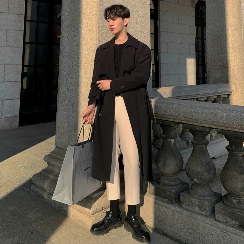 Inongge Men's Wear Autumn  Fashion New Double Breasted Clothes Male Long Coat Loose Overcoat Trend Handsome Casual Windbreak