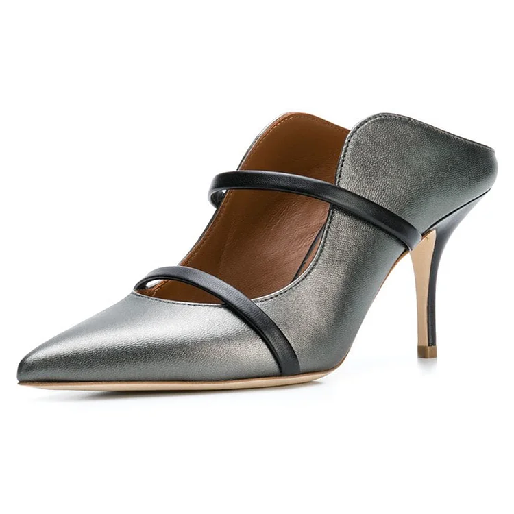 Dark Grey Pointed Toe Black Strap Stiletto Heel Mules Shoes |FSJ Shoes