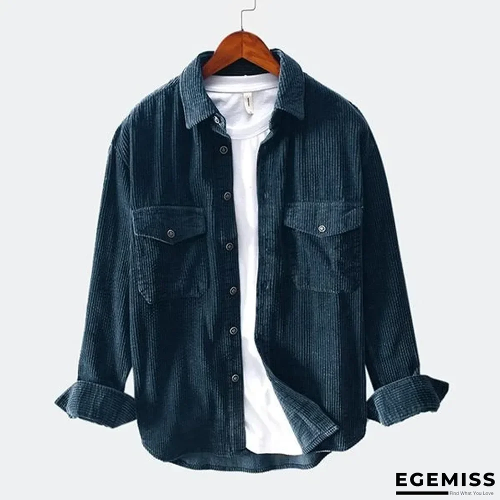 Men Corduroy Solid Color Chest Pockets Turn Down Collar Shirts | EGEMISS
