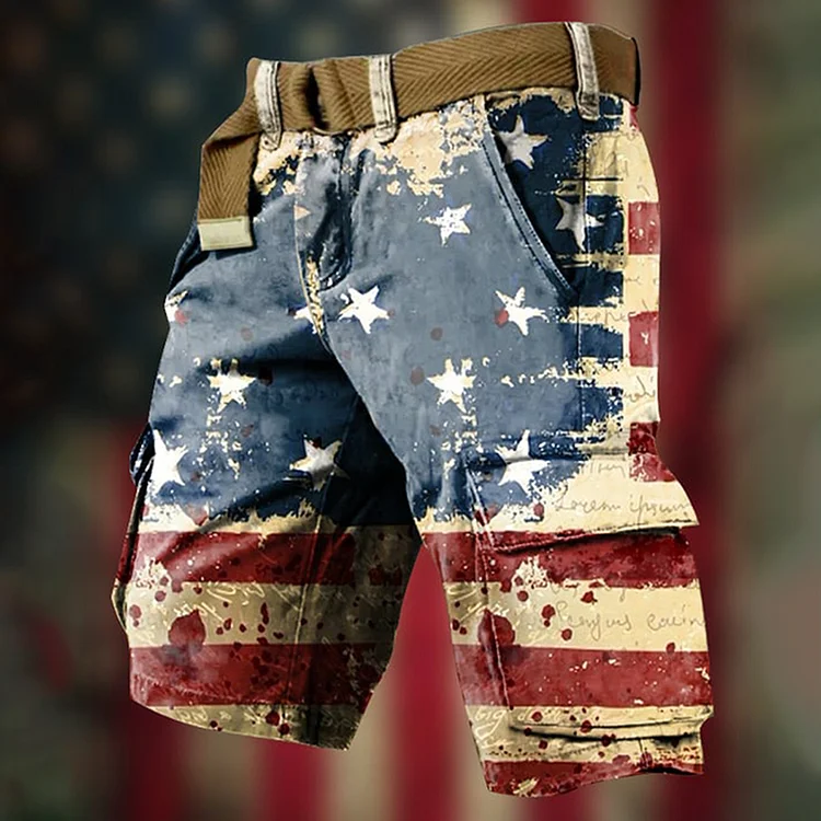 Men's Retro God Bless America Print Cargo Shorts