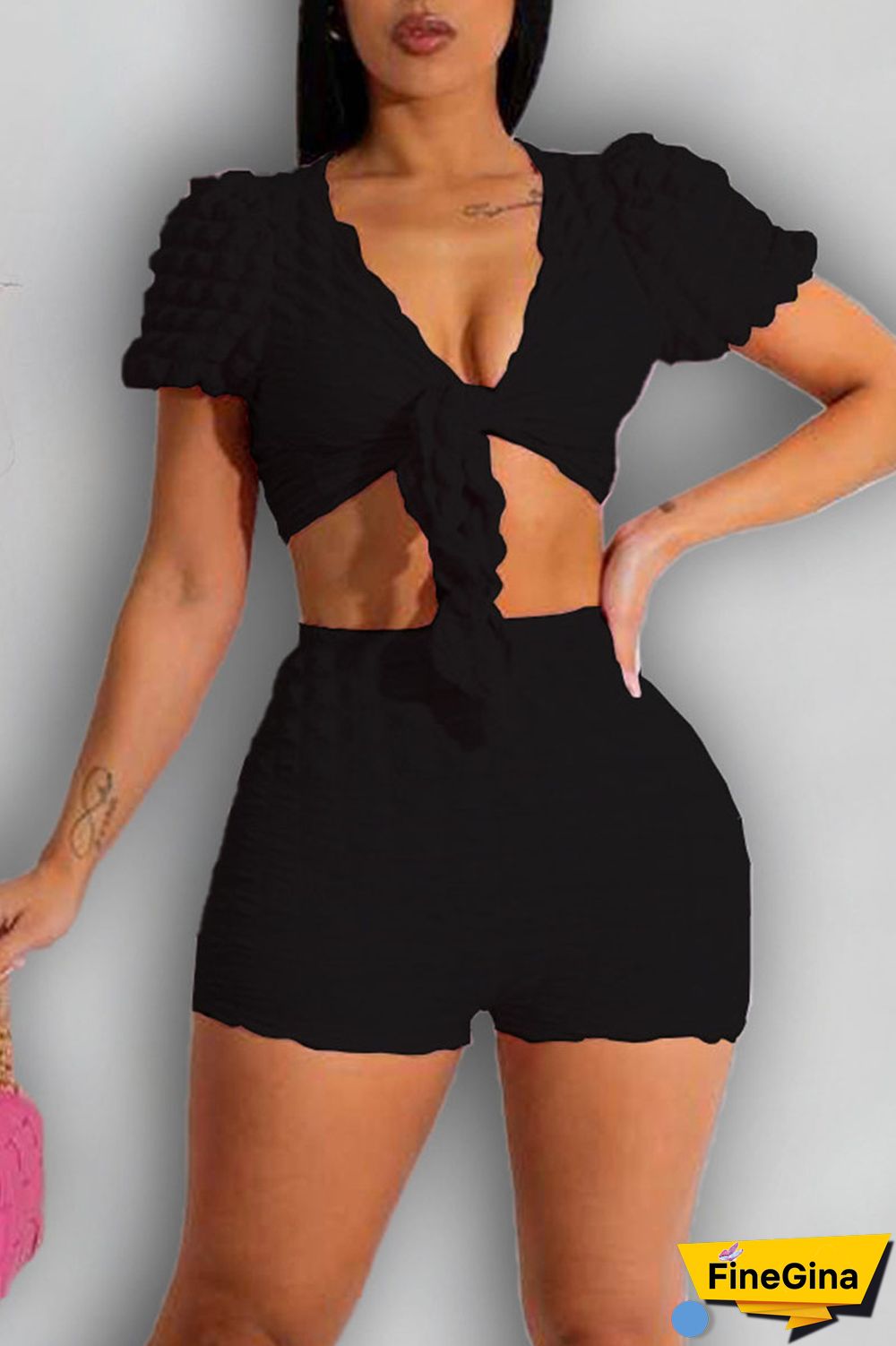 Black Sexy Solid Bandage Patchwork V Neck Short Sleeve Two Pieces
