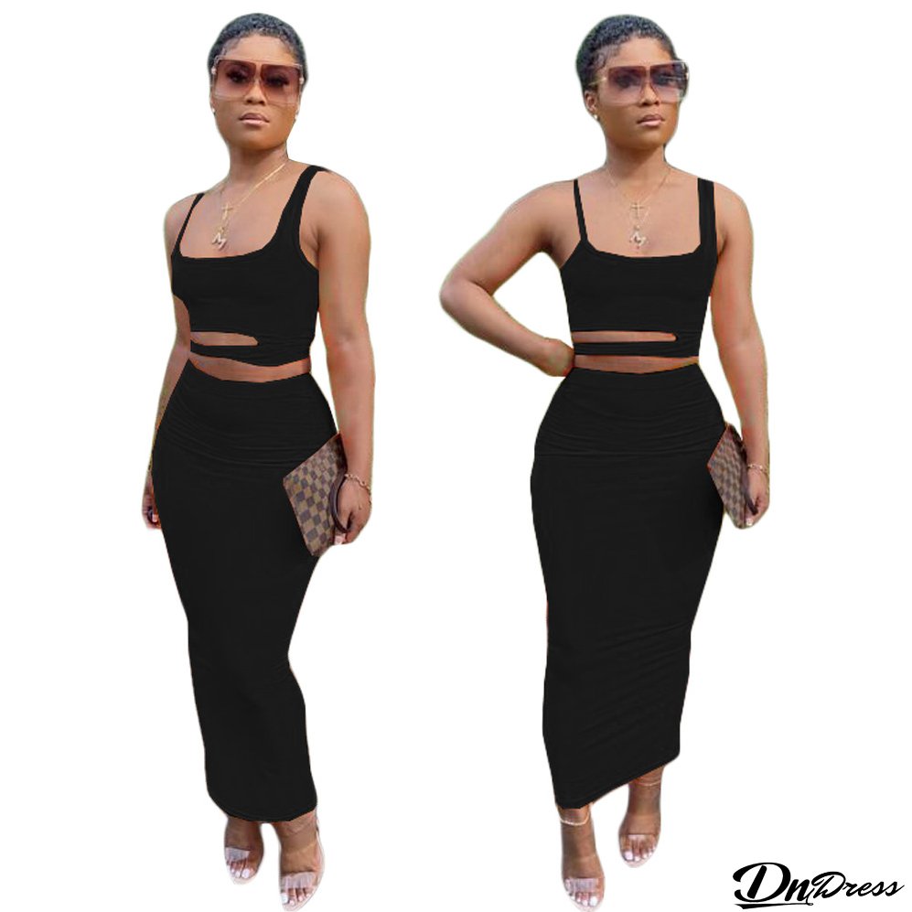 Women's Solid Color Cutout Casual Home Style Skirt Set Two Piece