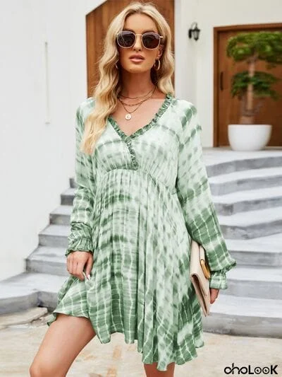 Tie-Dye Surplice Flounce Sleeve Mini Dress