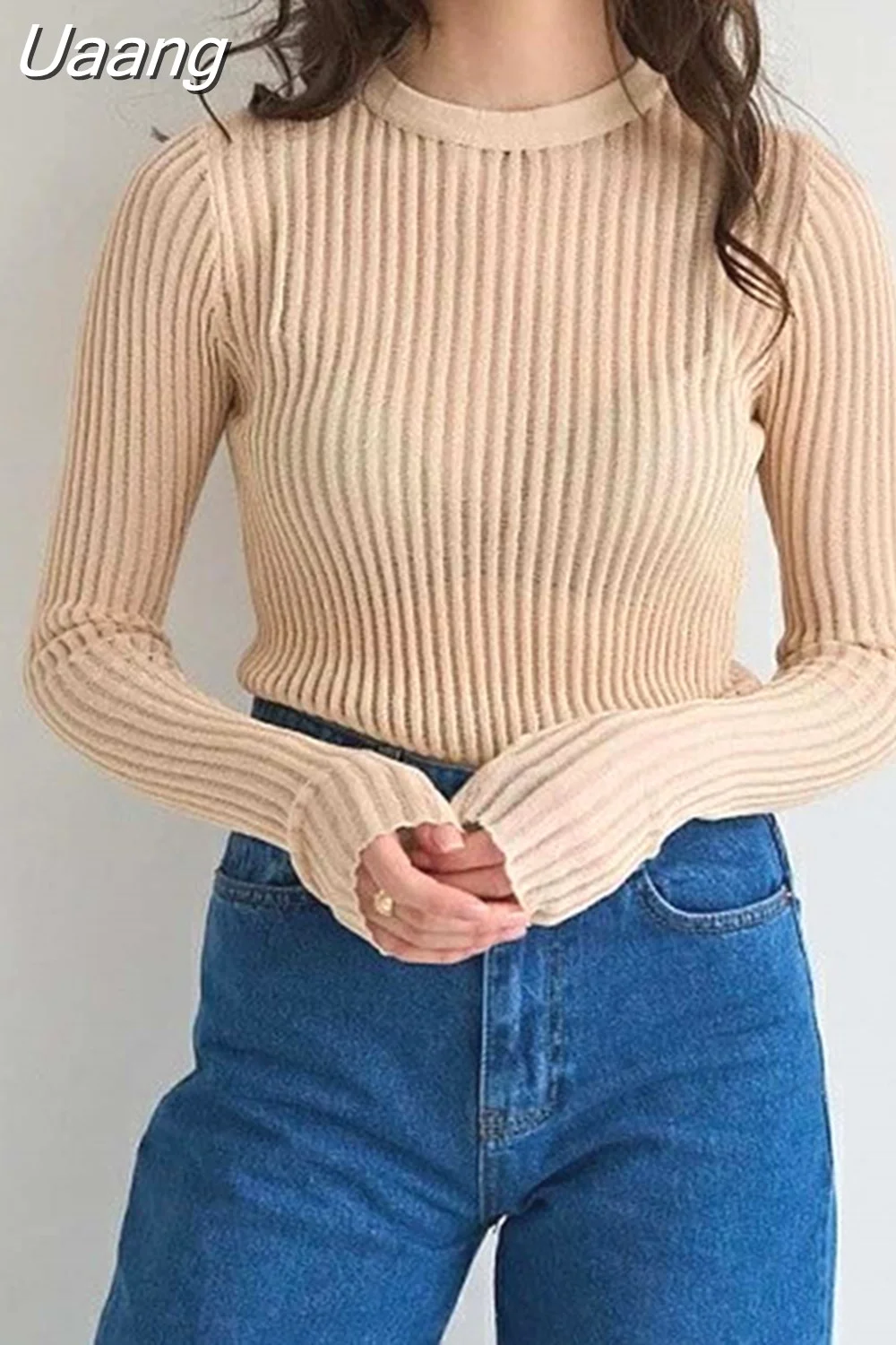 Uaang Sexy Thin Knit Sweater Women Solid Color Basic Pullover Top Casual Cozy Long Sleeve T-shirts 2023 Spring Summer New