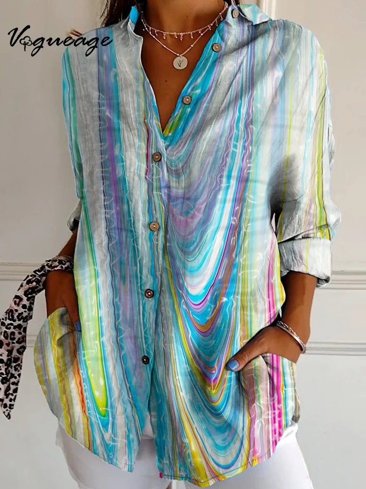 Abstract Colorful Water Waves Long Sleeves Printed Cotton And Linen Shirt