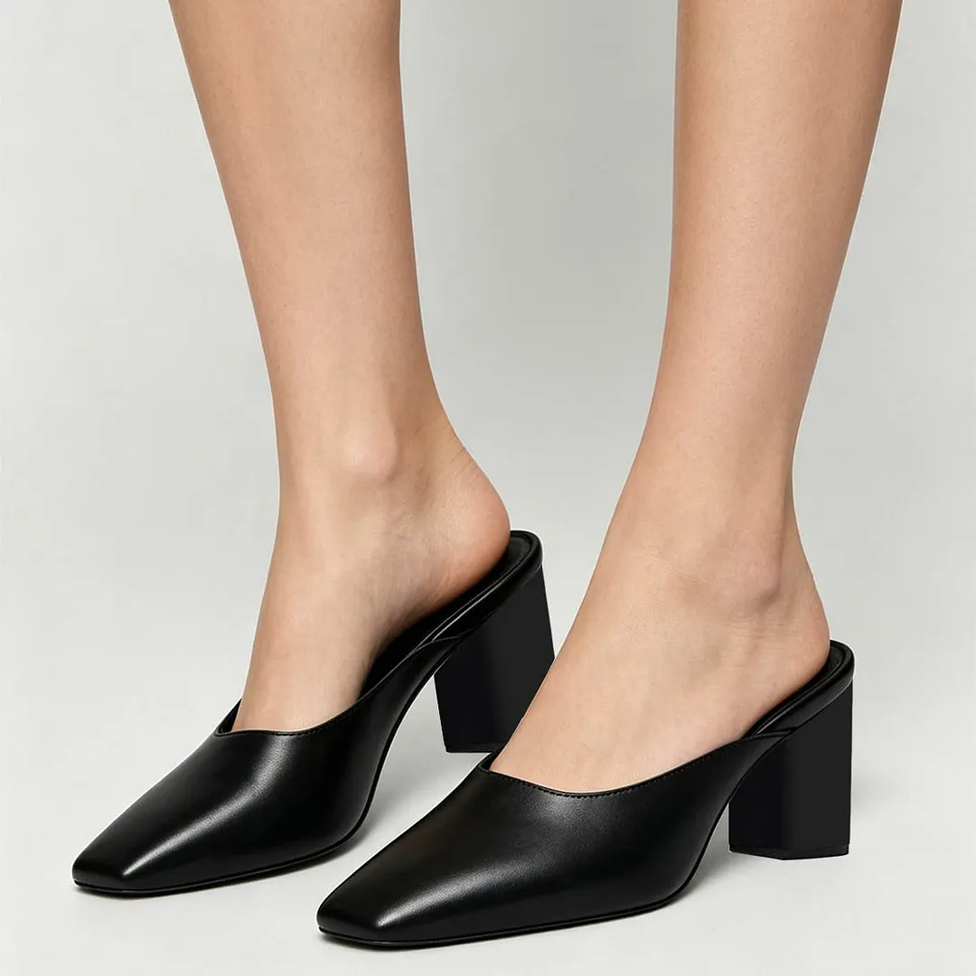 Minimalist Black Square Toe Block Heel Slip On Mules Shoes