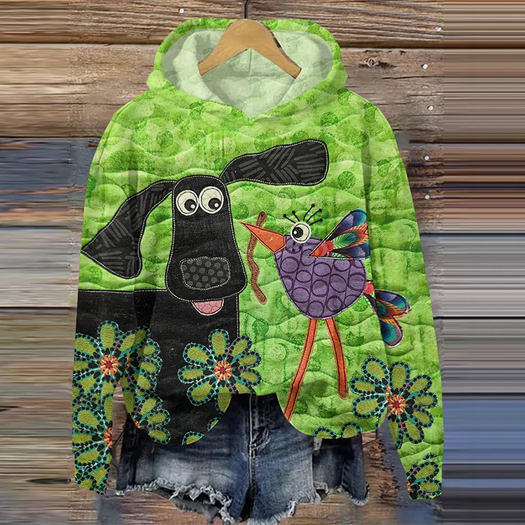 Utbros Retro Cute Dog And Bird Print Casual Hoodie