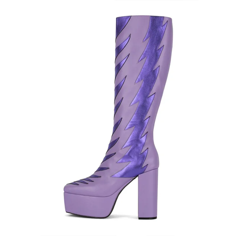 Purple Square Toe Boots Flame Platform Knee High Boots