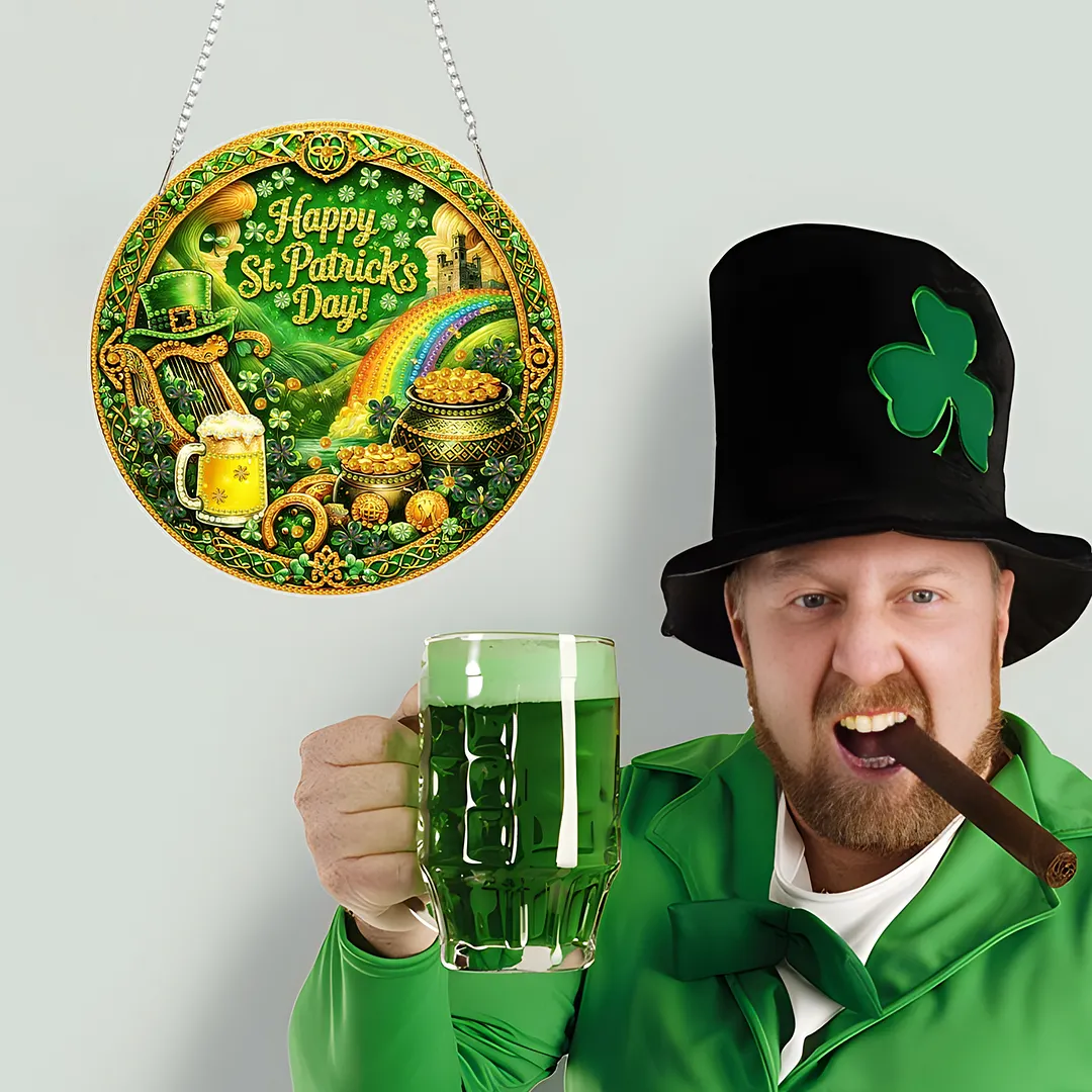 St Patricks Day DIY 2D Flat Acrylic Diamond Painting Kits 5D Diamond Art Painting Window Pendants for Home Garden Wall Decoration