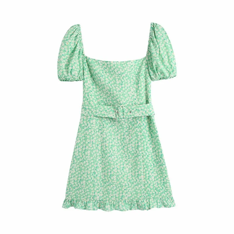 Ruffle Floral Sashes Dress Summer Female Short Sleeve Square Collar Mini Dresses With Belt Fashion Green Vestidos Cortos Za 2021