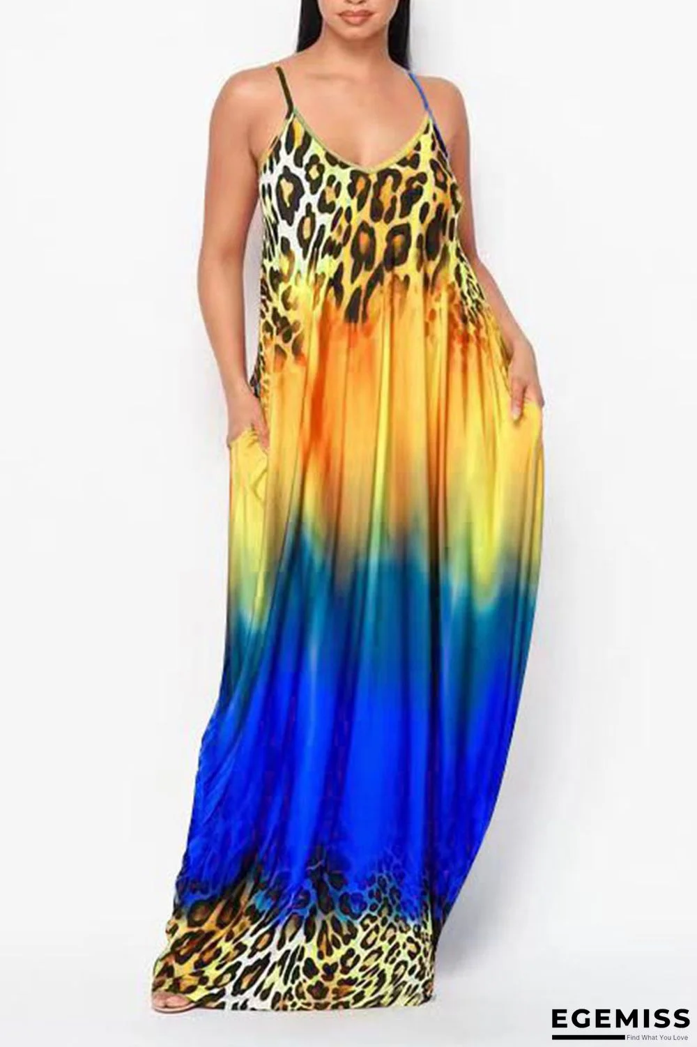 Yellow Blue Sexy Gradual Change Print Patchwork Spaghetti Strap A Line Dresses | EGEMISS