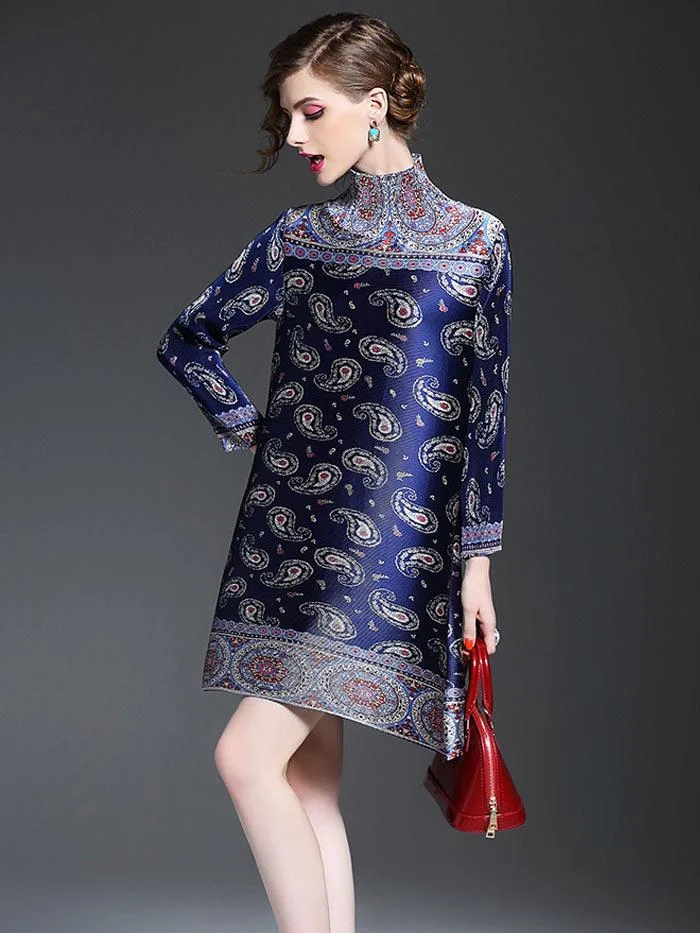 Fashion printed three-quarter sleeve loose stretch pleated dress