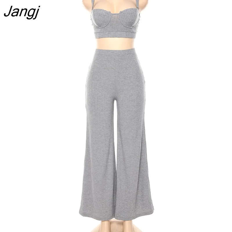 Jangj Summer Women Sexy Dance 2 Two Piece Set Outfits Knitted Crop Top Tshirt And Wig Leg Pants Trousers Set Bodycon Tracksuit