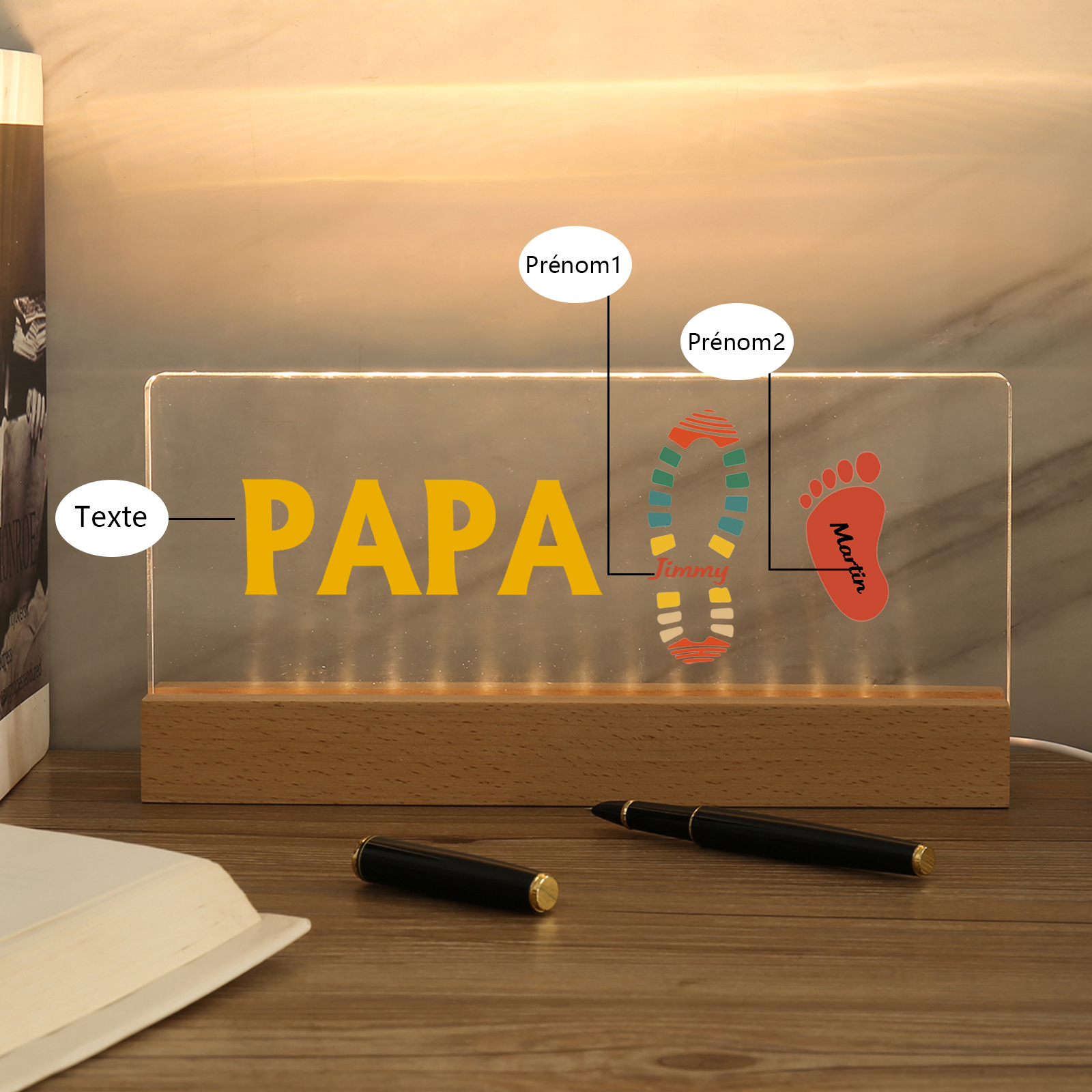 À mon Papa/Papi- Lampe de chevet LED Pieds Bébé 2 Prénoms Personnalisés avec Texte