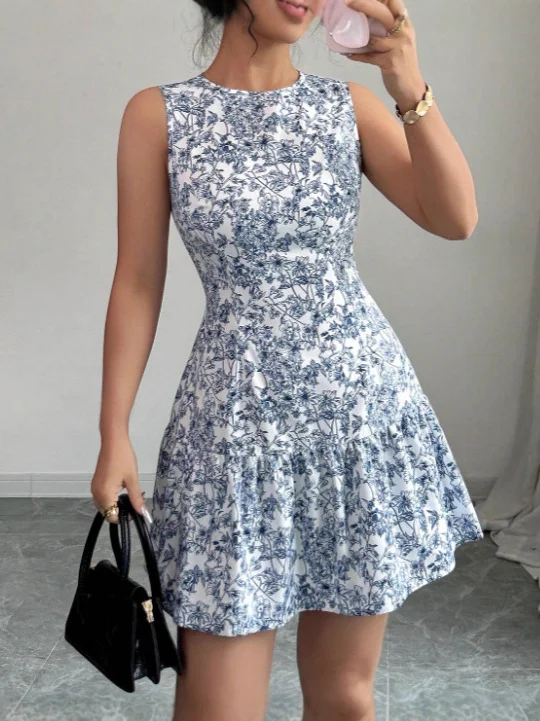 Nigikala Nigikala French Elegant Floral Print Sleeveless Bundle With Mini Dress