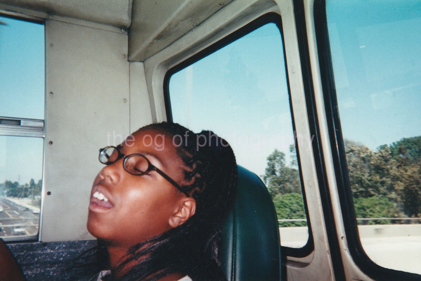 Bus Snooze FOUND Photo Poster painting ColorOriginal Snapshot SLEEPING GIRL 85 13