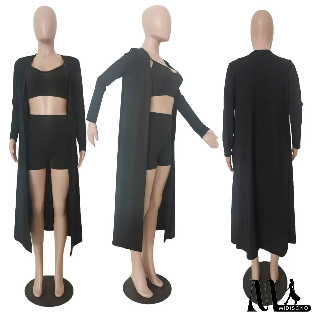 MidiSono - Solid Cami Top+Shorts+Long Cloak 3 Piece Sets