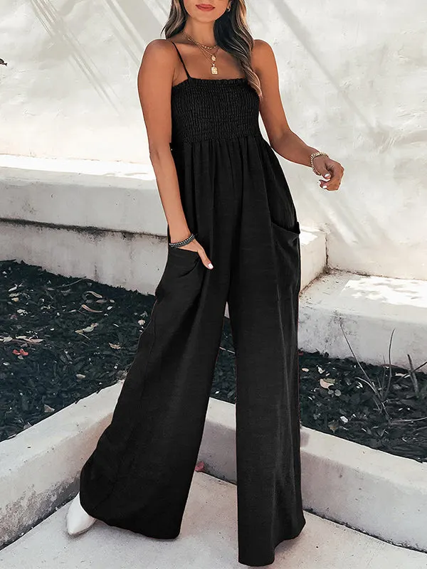 High Waisted Loose Elasticity Pleated Pockets Split-Joint Spaghetti-Neck Jumpsuits