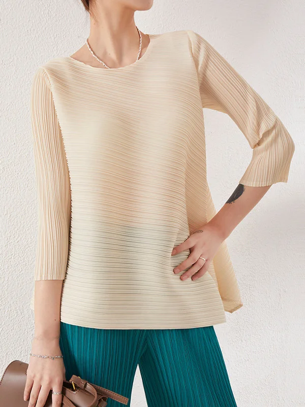 Simple Three-Quarter Sleeves Loose Pleated Solid Color Round-Neck T-Shirts Tops