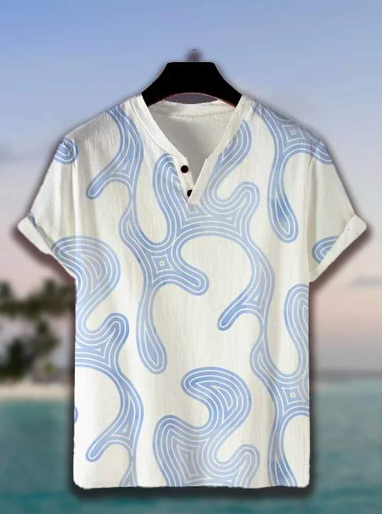 Men's Geometric Art Print Casual V Neck Button T-Shirt