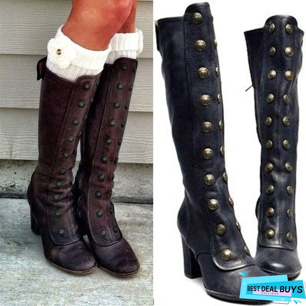 zolucky Women Vintage Double-Breasted Mid-Calf Boots