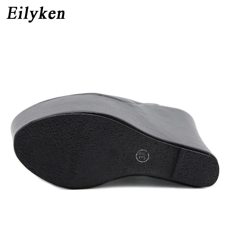 Eilyken Platform Wedge Round head Pumps Slippers Black Summer Shoes Woman Sexy Super High Sandal Slippers Black 35-42