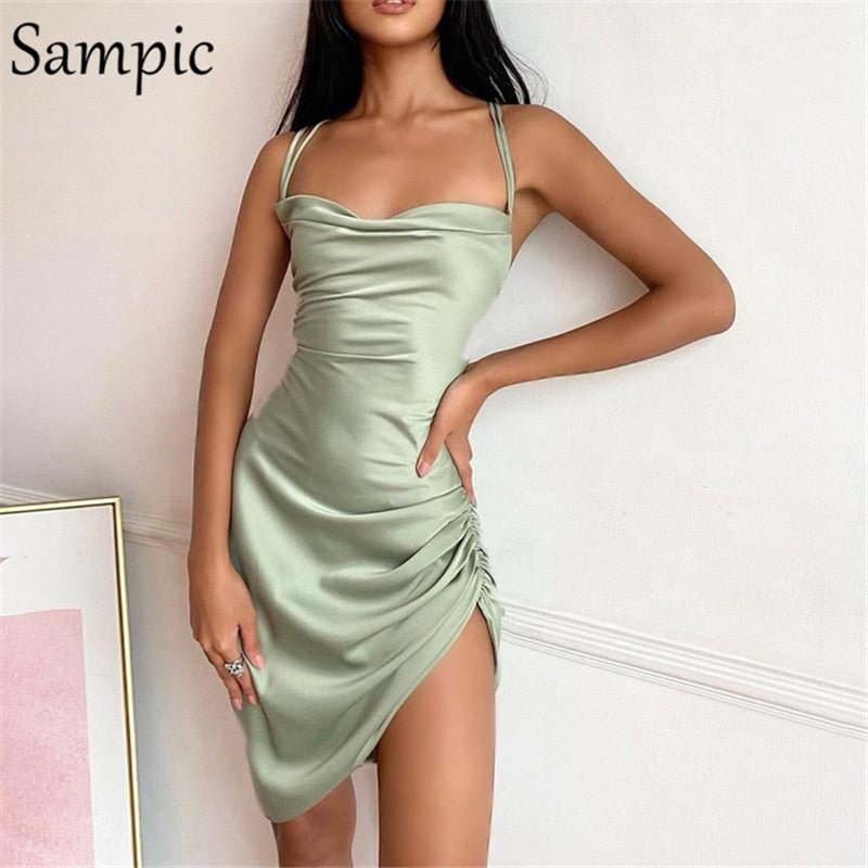 Sampic 2020 Winter Spring Backless Women Split Mini Stain Strap Sleevless Dress Sexy Party Short Bandage Dress Night Club Summer