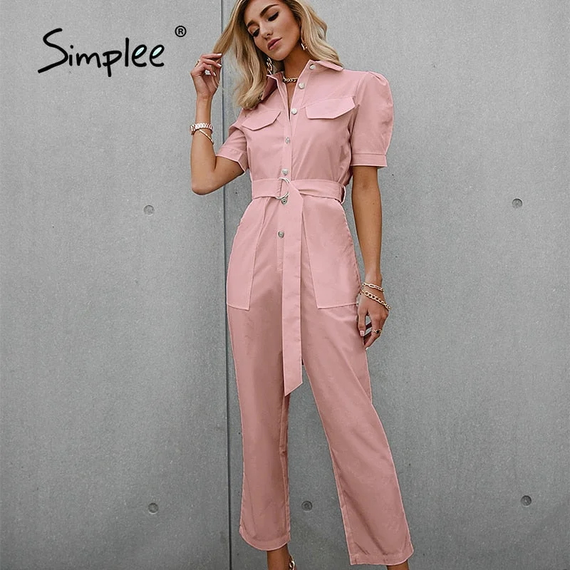 Simplee White puff sleeve lace-up women jumpsuit Fashion outfit high street solid summer jumpsuits 2021 Casual button jumpsuit
