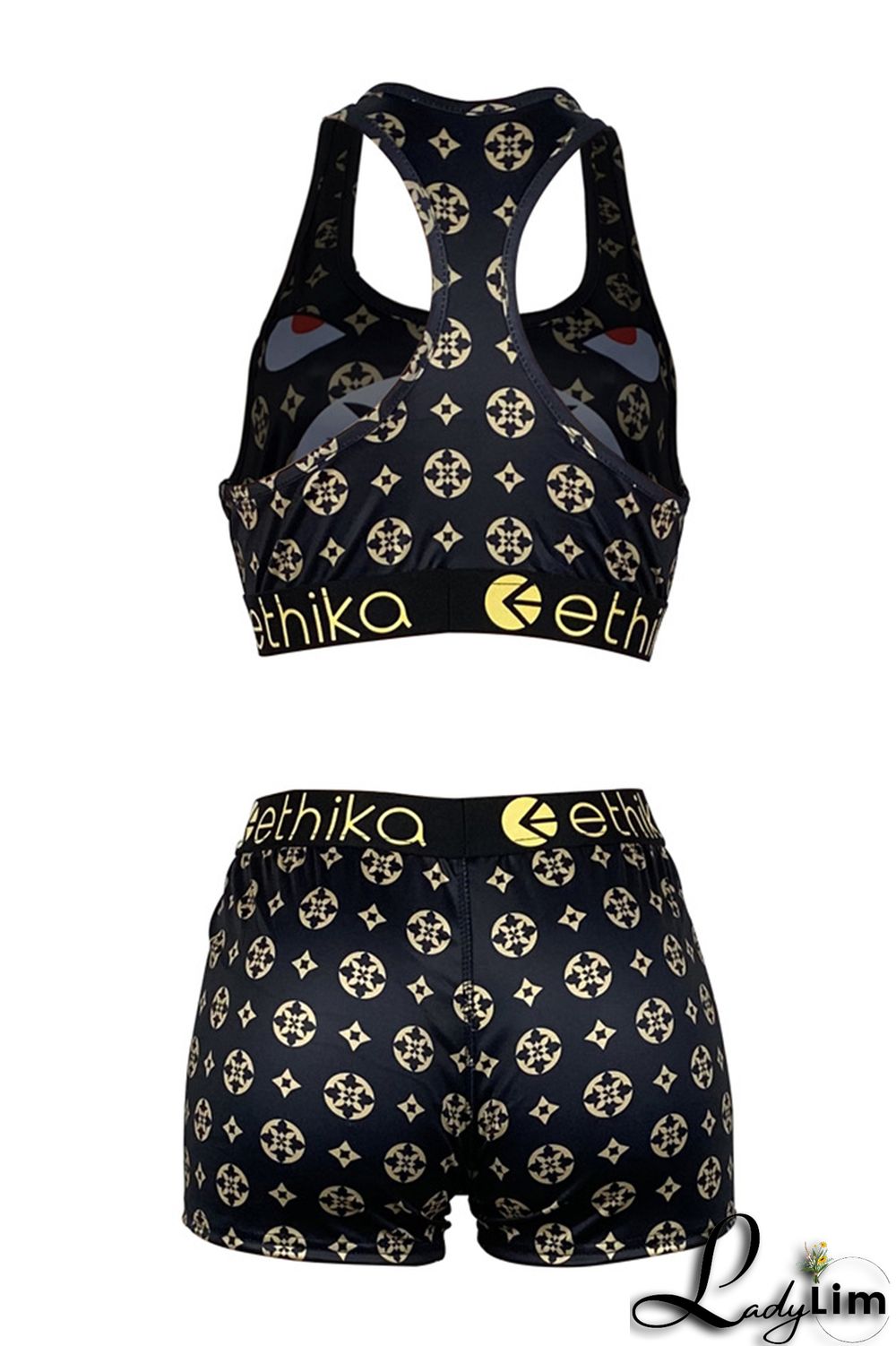 Black Sexy Casual Print Backless U Neck Sleeveless Two Pieces