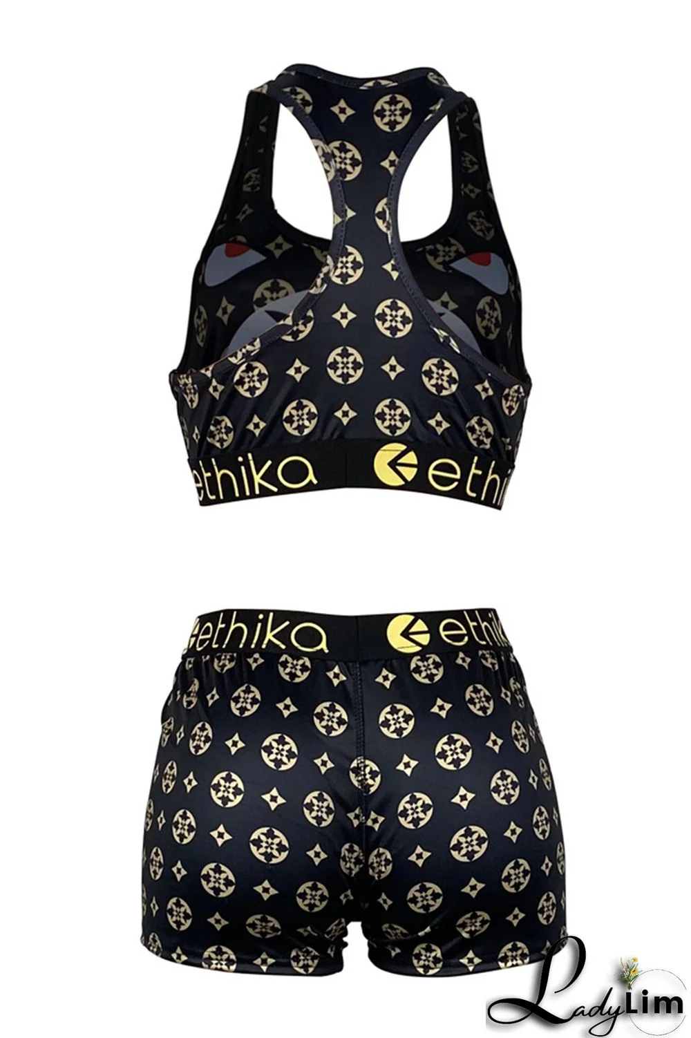 Black Sexy Casual Print Backless U Neck Sleeveless Two Pieces