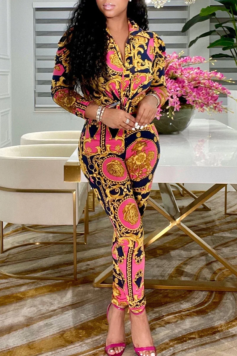 Rose Red Casual Print Split Joint Buckle Turndown Collar Long Sleeve Two Pieces