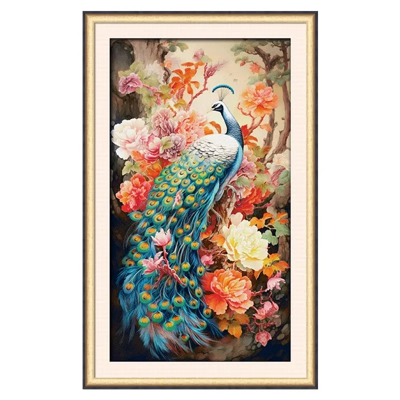 【KS Brand】Peacock Peony Flower 16CT Pre-stamped Canvas(119*73cm) 168 Colors Cross Stitch
