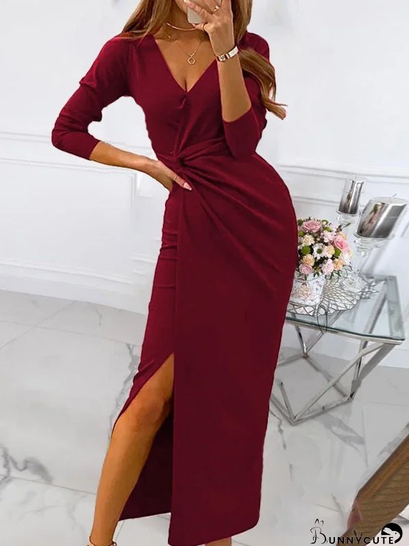 Dresses Solid V-Neck Long Sleeve Slit Dress for Women