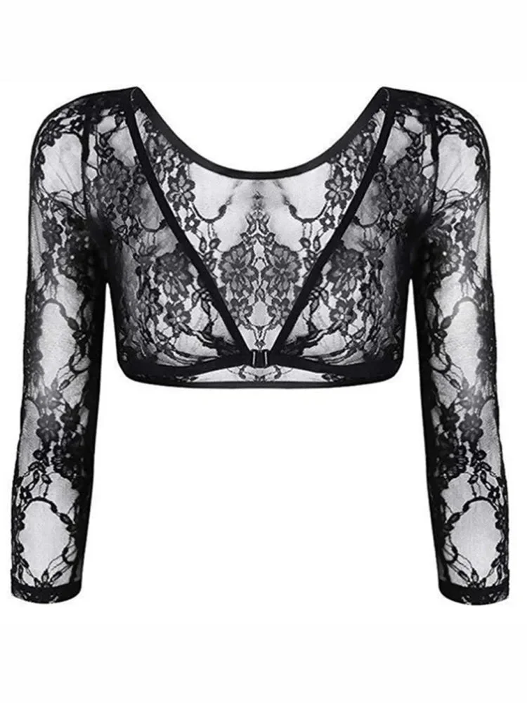 Nncharge See Through Crop Tops Womens Long Sleeve V Neck Tops and Blouses Summer Beach Casual Sexy Shirts Female Smock Tops