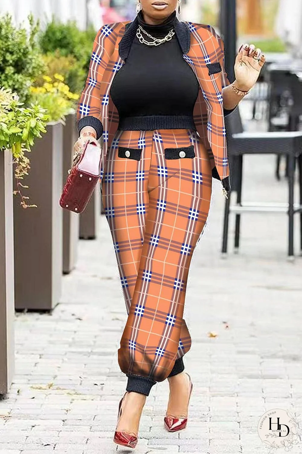Tangerine Red Fashion Casual Print Patchwork Long Sleeve Two Pieces