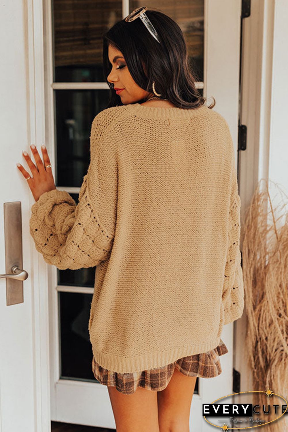 Khaki Hollowed Bubble Sleeve Knit Sweater