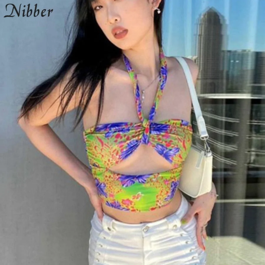 Nibber Harajuku Gothic Hang Neck Type Tank Top Women Printing Fashion Sexy Hollow Out Backless Birthday Partywear Summer 2021