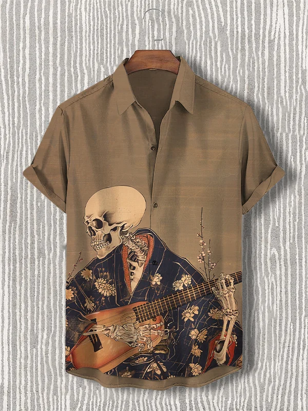 Men's Retro Japanese Art Painting Of Skull Playing Guitar Print Shirt