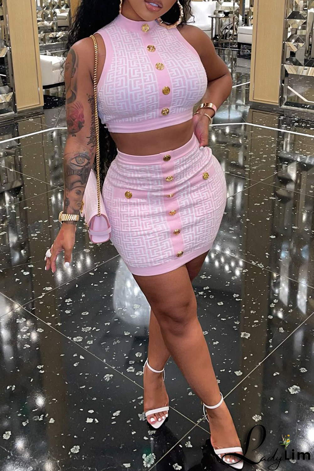 Coffee Sexy Print Buckle O Neck Sleeveless Two Pieces